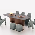 Modern Dining Table Set with Six Gray Chairs Two Round Stools Fruit Bowl and Plate