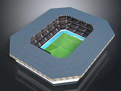 Football Stadium 3D Model Featuring Green Field And Blue Roof Seating Areas 3d model