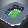 Football Stadium 3D Model Featuring Green Field And Blue Roof Seating Areas