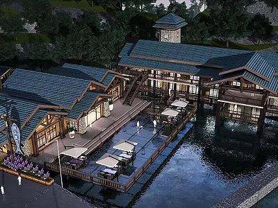 Waterfront Wooden Building Complex With Roofed Terraces And Scenic Surroundings 3d model