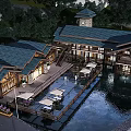 Waterfront Wooden Building Complex With Roofed Terraces And Scenic Surroundings