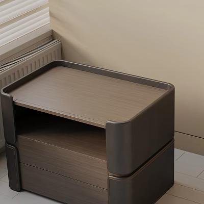 Modern Wooden Side Table With Leather Frame And Drawer Storage Design 3d model