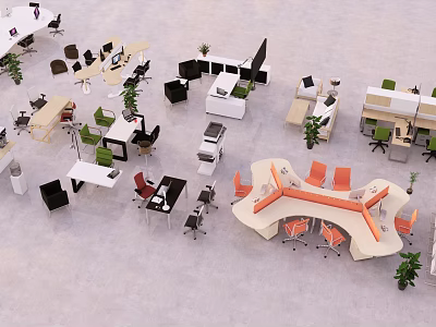 Modern Office Desks With Various Designs Orange White Surfaces Ergonomic Chairs And Potted Plants 3d model