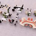 Modern Office Desks With Various Designs Orange White Surfaces Ergonomic Chairs And Potted Plants