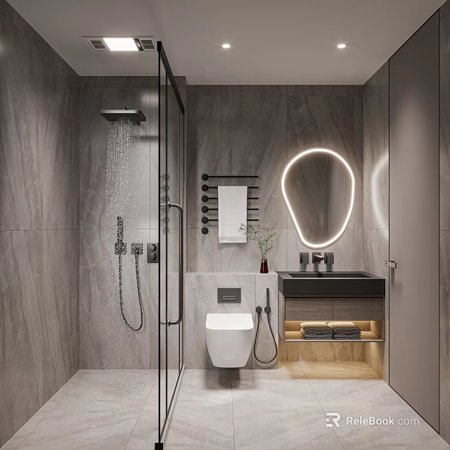 Modern Bathroom With Glass Shower Smart Toilet Backlit Mirror And Gray Tiles 3d model 