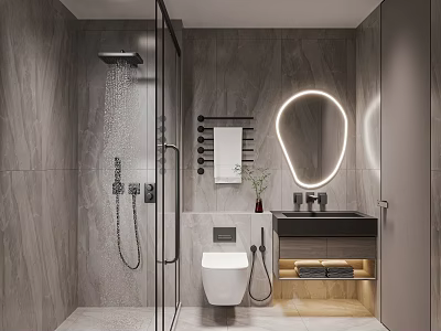 Modern Bathroom With Glass Shower Smart Toilet Backlit Mirror And Gray Tiles 3d model