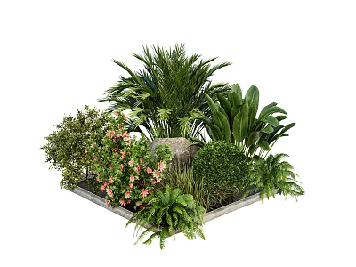 Lush Shrubs With Palm Ferns And Pink Flowers In Square Planter Bed 3d model
