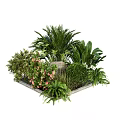 Lush Shrubs With Palm Ferns And Pink Flowers In Square Planter Bed