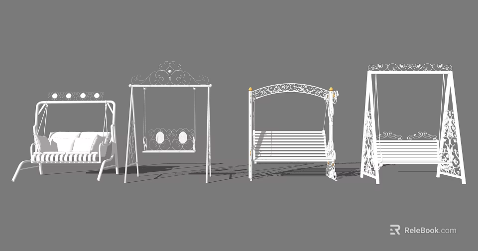 Different Styles of Ornate Metal Swing Chairs With Decorative Frames 3d model 