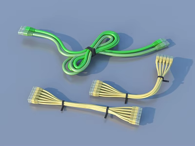 Green And Yellow Ethernet Cables With Crystal Heads Bound By Black Ties 3d model