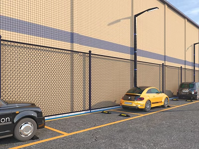 Parking Lot With Parked Cars Chain Link Fence Street Lights And Building Wall 3d model