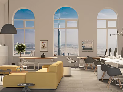 Bright Public Office Area With Arched Windows Yellow Sofa Tables Chairs Computers And Decorative Paintings 3d model