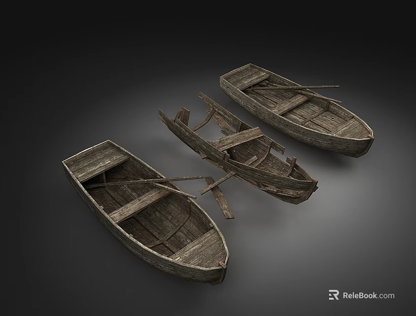 Three Old Wooden Boats with Weathered Wood and Rustic Design Against Dark Background 3d model 