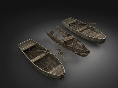 Three Old Wooden Boats with Weathered Wood and Rustic Design Against Dark Background 3d model