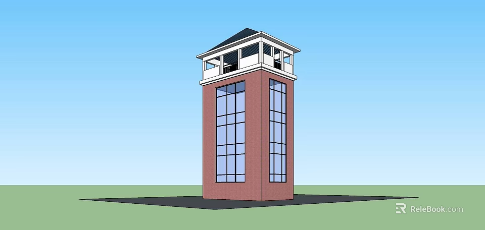 Red Brick Tower with Large Glass Windows Top Railing and Black Roof in Blue Sky 3d model 