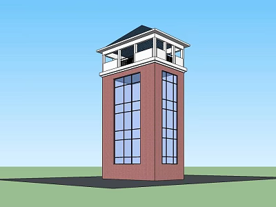 Red Brick Tower with Large Glass Windows Top Railing and Black Roof in Blue Sky 3d model