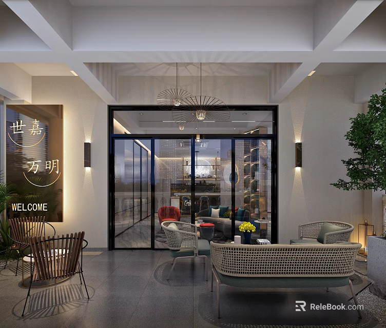 Modern Lobby Reception Area With Glass Doors Welcome Sign Sofa And Green Plants 3d model 