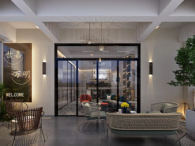 Modern Lobby Reception Area With Glass Doors Welcome Sign Sofa And Green Plants 3d model