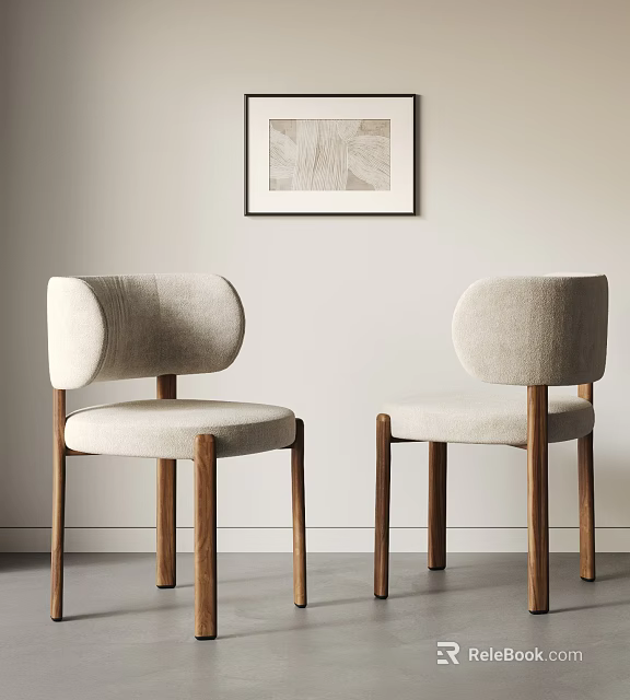 Single Chair With Light Beige Fabric Modern Design Wooden Legs And Wall Art 3d model 