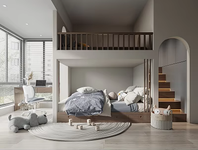Modern Kids Bedroom With Bunk Bed Large Windows And Toys 3d model