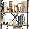Stylish Modern Decorative Ornaments Set on Display Shelf with Books Vases Geometric Sculptures And Clock