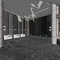 Modern Hotel Lobby Interior with Marble Floor Large Chandelier Columns and Floor to Ceiling Windows