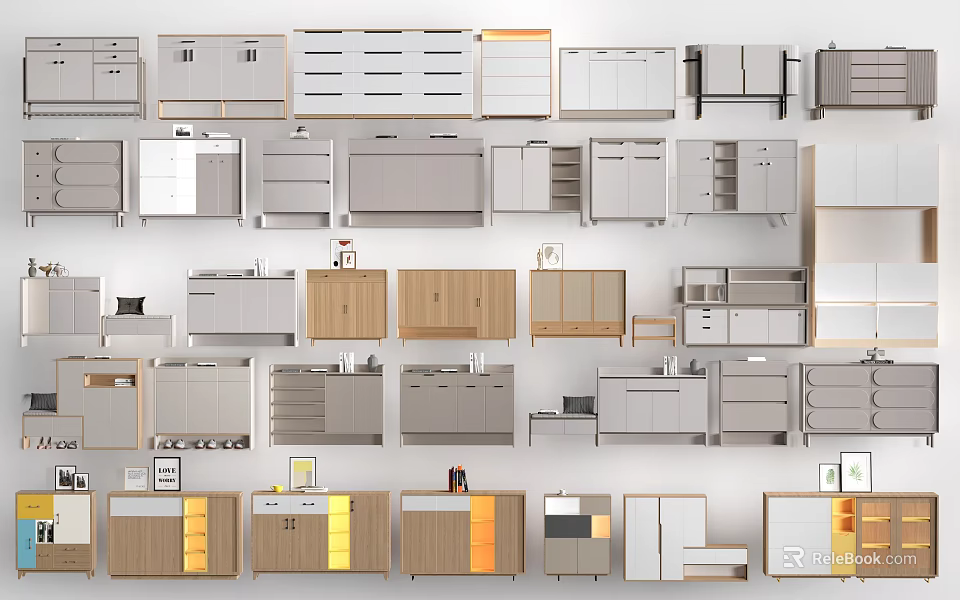 Various Modern Shoe Cabinet Designs With Different Colors And Storage Solutions 3d model