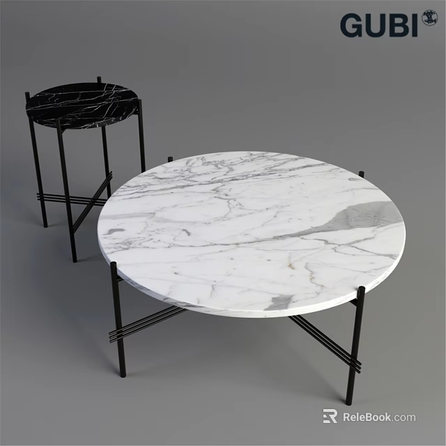 Modern Round Dining Table With White Marble Top And Black Metal Legs 3d model 