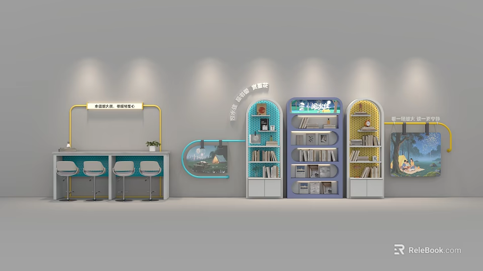 Modern Colorful Bookcase in Open Children's Reading Room with Reading Area Tables and Chairs 3d model 