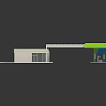 Cartoon Scene Of Gas Station With White Building Green Roof Fuel Pumps And Reflection
