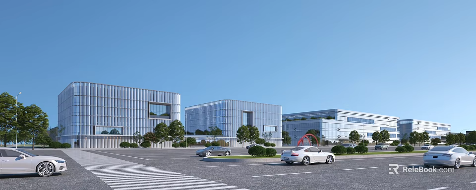 Modern Industrial Factory Building With Glass Curtain Walls Parking Lot And Green Trees 3d model 