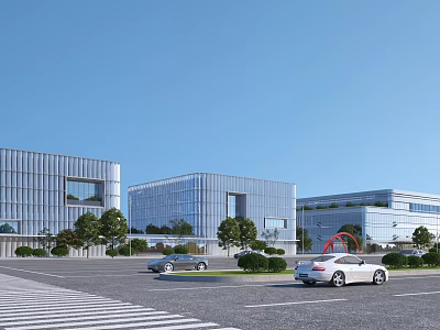 Modern Industrial Factory Building With Glass Curtain Walls Parking Lot And Green Trees 3d model