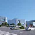 Modern Industrial Factory Building With Glass Curtain Walls Parking Lot And Green Trees