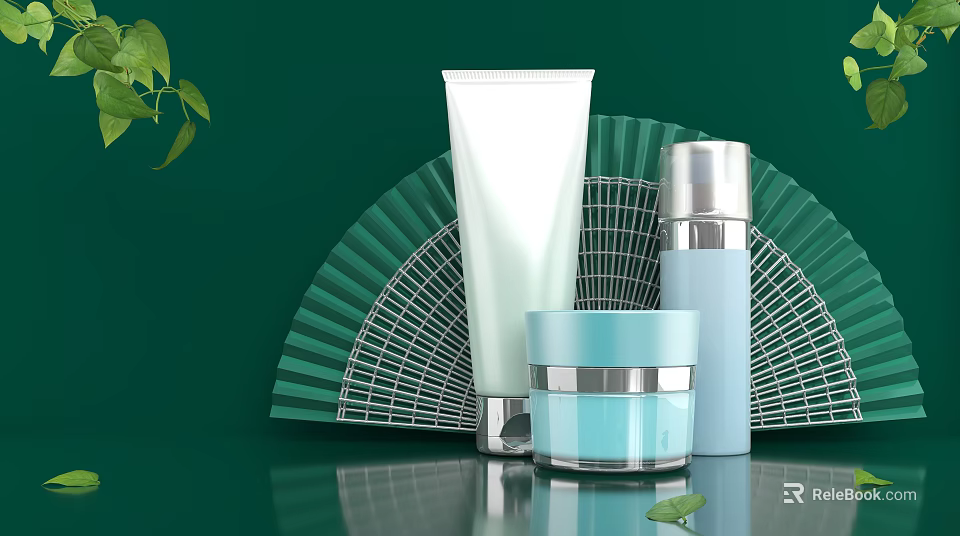 Perfume Cosmetics Display With Green Fans White Tube Blue Jar Silver Bottle And Green Leaves 3d model 