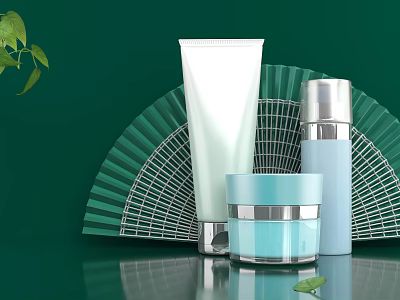 Perfume Cosmetics Display With Green Fans White Tube Blue Jar Silver Bottle And Green Leaves 3d model
