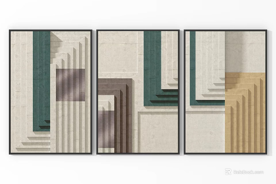 Modern Abstract Three Panel Wall Art With Geometric Patterns And Multicolor Textured Layers 3d model