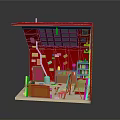 Creative Red Themed Studio Furniture Setup With Easel Worktable Shelves And Storage