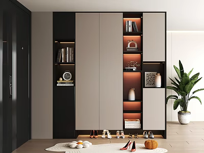 Modern Shoe Cabinet Design With Storage Compartments Decorative Shelves And LED Lighting 3d model