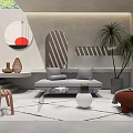 Modern Living Room Interior With Circular Mirror Arched Doorway Gray Sofa And Glass Coffee Table