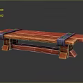 Outdoor Bench with Red Wooden Planks Blue Metal Brackets and Support Legs
