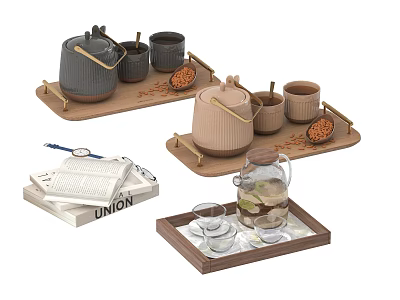 Stylish Ceramic Tea Set With Wooden Tray Teapot Cups Nuts Books And Glass Pitcher 3d model