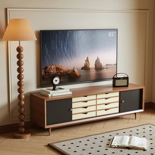 Modern Wooden TV Stand with Drawers Cabinet and TV Clock Books Radio Near Floor Lamp 3d model 