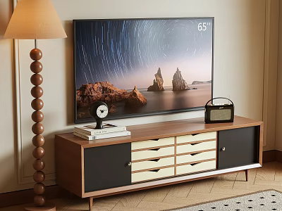 Modern Wooden TV Stand with Drawers Cabinet and TV Clock Books Radio Near Floor Lamp 3d model