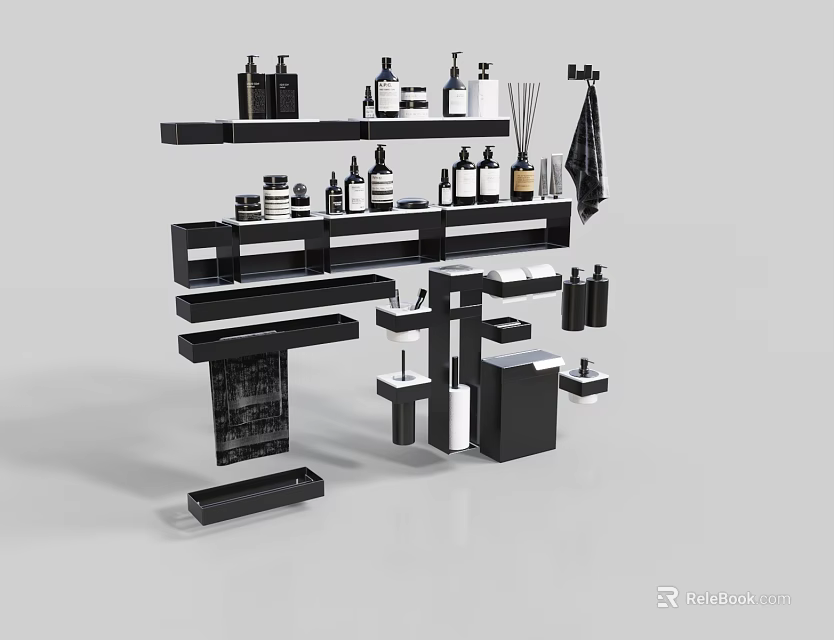 Modern Minimalist Bathroom Accessories with Shelves Bottles Towel And Storage Organizers 3d model 