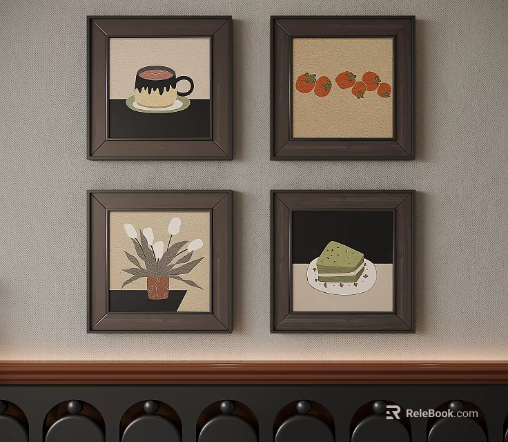 Abstract Paintings Four Framed Wall Art With Coffee Cup Tomatoes Tulips And Cake Slice 3d model 