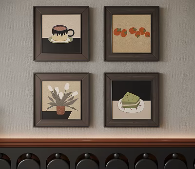 Abstract Paintings Four Framed Wall Art With Coffee Cup Tomatoes Tulips And Cake Slice 3d model