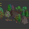 Cartoon Low Poly Forest Scene With Green Trees Brown Rocks And Logs