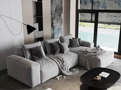 Modern Living Room Interior With Large Sofa Plush Pillows And Coffee Table 3d model