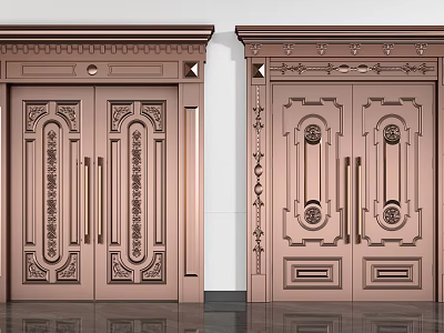 Ornate Copper Double Doors with Intricate Carved Patterns and Decorative Frames 3d model