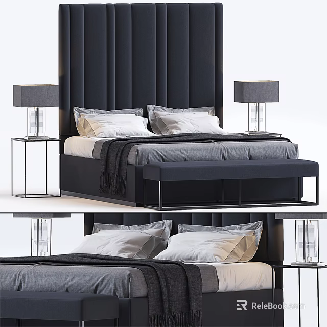 Modern Double Bed with Dark Tufted Headboard Pillows Bedding Nightstands and Table Lamps 3d model 